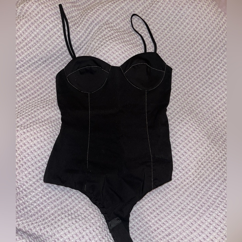 ZARA Womens Beaded Corset Style Spaghetti Strap Body Suit Black